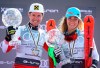 Austria's Marcel Hirscher, left, and United States' Mikaela Shiffrin hold the World Cup overall trophies, at the alpine ski finals in Soldeu, Andorra, Sunday, March 17, 2019. (AP Photo/Alessandro Trovati)