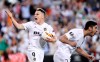 Valencia forward Kevin Gameiro celebrates after scoring his side's opening goal during the Europa League semifinal soccer match, second leg, between Valencia and Arsenal at the Camp de Mestalla stadium in Valencia, Spain, Thursday, May 9, 2019. (AP Photo/Alberto Saiz)