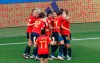 Spain's Jennifer Hermoso celebrates with teammates after scoring her side's first goal during the Women's World Cup round of 16 soccer match between Spain and United States at Stade Auguste-Delaune in Reims, France, Monday, June 24, 2019. (AP Photo/Thibault Camus)