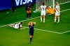 France's Eugenie Le Sommer, front, reacts after missing a chance to score during the Women's World Cup quarterfinal soccer match between France and the United States at the Parc des Princes, in Paris, Friday, June 28, 2019. (AP Photo/Francois Mori)