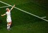 United States' Megan Rapinoe celebrates after scoring her side's second goal during the Women's World Cup quarterfinal soccer match between France and the United States at the Parc des Princes, in Paris, Friday, June 28, 2019. (AP Photo/Francois Mori)