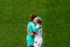 United States goalkeeper Alyssa Naeher, left, and Julie Ertz celebrate at the end of the Women's World Cup round of 16 soccer match between Spain and United States at Stade Auguste-Delaune in Reims, France, Monday, June 24, 2019. (AP Photo/Thibault Camus)