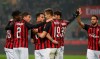 AC Milan players celebrate after scoring the opening goal during the Serie A soccer match between AC Milan and Cagliari at the San Siro stadium, in Milan, Italy, Sunday, Feb. 10, 2019. (AP Photo/Antonio Calanni)