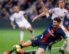Bordeaux's Nicolas De Preville fouls PSG's Thomas Meunier during the French League One soccer match between Paris Saint-Germain and Bordeaux at the Parc des Princes stadium in Paris, Saturday, Feb. 9, 2019. (AP Photo/Christophe Ena)