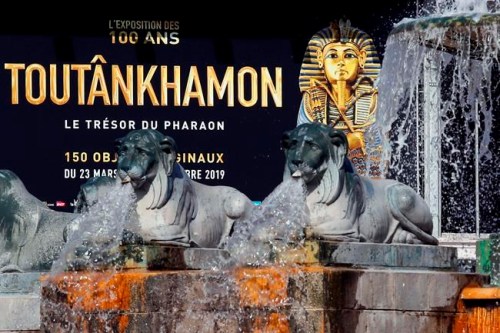 The entrance placard of 'Tutankhamun, the treasure of the Pharaoh', an exhibition in partnership with the Grand Egyptian Museum at the Grande Halle of La Villette in Paris, France, Thursday, March 21, 2019. This exhibition, which runs from 23 March to 15 September 2019. will reveal 150 fascinating original objects found in 1922 in the tomb of the most famous Pharaoh. (AP Photo/Francois Mori)