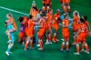 Netherlands players celebrates at the end of the Women's World Cup semifinal soccer match between the Netherlands and Sweden, at the Stade de Lyon outside Lyon, France, Wednesday, July 3, 2019. Netherlands won 1-0. (AP Photo/Francois Mori)