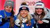 United States' Mikaela Shiffrin, center, shows her gold medal of the women's super-G, flanked by silver medallist Italy's Sofia Goggia, left, and bronze medal's Switzerland's Corinne Suter, at the alpine ski World Championships in Are, Sweden, Tuesday, Feb. 5, 2019. (AP Photo/Gabriele Facciotti)