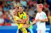 Sweden's Stina Blackstenius, left, celebrates after scoring the opening goal during the Women's World Cup round of 16 soccer match between Canada and Sweden at Parc des Princes in Paris, France, Monday, June 24, 2019. (AP Photo/Francisco Seco)