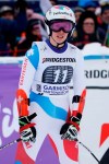Switzerland's Michelle Gisin arrives at the finish area of an alpine ski, women's World Cup super G, in Garmisch Partenkirchen, Germany, Saturday Jan. 26, 2019. (AP Photo/Giovanni Auletta)
