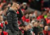 Manchester City's head coach Pep Guardiola gestures during the English Premier League soccer match between Liverpool and Manchester City at Anfield stadium in Liverpool, England, Sunday, Nov. 10, 2019. (AP Photo/Jon Super)