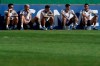 Argentina's soccer players, from left, Lautaro Martinez Nicolas Otamendi, Leandro Paredes, Rodrigo De Paul and Angel Di Maria relax during a practice session in Rio de Janeiro, Brazil, Saturday, June 29, 2019. (AP Photo/Leo Correa)