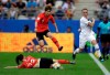 Norway's Isabell Herlovsen, right, kicks the ball clear of South Korea's Moon Mi-ra, and Kang Chae-rim, bottom, during the Women's World Cup Group A soccer match between Norway and South Korea at the Stade Auguste-Delaune in Reims, France, Monday, June 17, 2019. (AP Photo/Alessandra Tarantino)