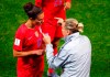 United States' coach Jill Ellis gestures as she talks to her player Carli Lloyd during the Women's World Cup Group F soccer match between the United States and Thailand at the Stade Auguste-Delaune in Reims, France, Tuesday, June 11, 2019. (AP Photo/Francois Mori)