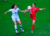 United States' Carli Lloyd attempts to control the ball as Thailand's Miranda Nild , left, watches during the Women's World Cup Group F soccer match between the United States and Thailand at the Stade Auguste-Delaune in Reims, France, Tuesday, June 11, 2019. (AP Photo/Francois Mori)