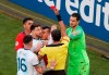 CORRECTS TO SHOWS RED CARD - Referee Mario Diaz shows a red card to Argentina's Lionel Messi and Chile's Gary Medel as they clash during the Copa America third-place soccer match at the Arena Corinthians in Sao Paulo, Brazil, Saturday, July 6, 2019. (AP Photo/Nelson Antoine)