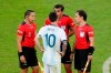 Argentina's Lionel Messi (10) talks with referee Roddy Zambrano at the end the first half of a Copa America semifinal soccer match against Brazil at the Mineirao stadium in Belo Horizonte, Brazil, Tuesday, July 2, 2019. (AP Photo/Nelson Antoine)