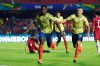 Colombia's Duvan Zapata, left, celebrates after scoring against Qatar with teammate Mateus Uribe during a Copa America Group B soccer match at the Morumbi stadium in Sao Paulo, Brazil, Wednesday, June 19, 2019. (AP Photo/Victor R. Caivano)