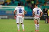 Paraguay's Santiago Arzamendia, left, and Richard Sanchez stands on the pitch at the end of a Copa America Group B soccer match at the Arena Fonte Nova in Salvador, Brazil, Sunday, June 23, 2019. (AP Photo/Natacha Pisarenko)