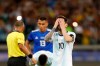 Argentina's Lionel Messi touches his face before scoring from a penalty spot against Paraguay during a Copa America Group B soccer match at the Mineirao stadium in Belo Horizonte, Brazil, Wednesday, June 19, 2019. (AP Photo/Natacha Pisarenko)
