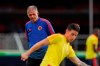 Colombia's coach Carlos Queiroz, left, looks as James Rodriguez trains during a practice session of the national soccer team in Sao Paulo, Brazil, Tuesday, June 18, 2019. Colombia will face Qatar on Wednesday in a Group B match of the Copa America soccer tournament. (AP Photo/Nelson Antoine)