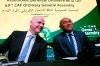 FILE - In this Feb. 2, 2018 file photo, Confederation of African Football president Ahmad Ahmad of Madagascar, right, and FIFA president Gianni Infantino attend the opening of the Confederation of African Football general assembly in Casablanca, Morocco. FIFA vice president Ahmad was detained by French authorities on Thursday June 6, 2019 in the latest criminal investigation to hit soccer's governing body. (AP Photo/Abdeljalil Bounhar, File)