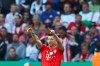 Bayern's Robert Lewandowski celebrates his goal against RB Leipzig during the German soccer cup, DFB Pokal, final match between RB Leipzig and Bayern Munich at the Olympic stadium in Berlin, Germany, Saturday, May 25, 2019. (AP Photo/Matthias Schrader)