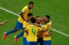 Brazil's Everton celebrates with teammates scoring his side's opening goal against Peru during the final soccer match of the Copa America at the Maracana stadium in Rio de Janeiro, Brazil, Sunday, July 7, 2019. (AP Photo/Natacha Pisarenko)