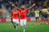 Chile's Arturo Vidal celebrates beating Colombia in a penalty kick shoot-out in a Copa America quarterfinal soccer match at the Arena Corinthians in Sao Paulo, Brazil, Friday, June 28, 2019. Chile beat Colombia 5-4 on penalties after the match ended 0-0. (AP Photo/Andre Penner)