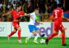Armenia's Henrikh Mkhitaryan, left, fights for the ball with the Italy's Marco Verratti, centre, during the Euro 2020 group J qualifying soccer match between Armenia and Italy at the Vazgen Sargsyan Republican stadium in Yerevan, Armenia, Thursday, Sept. 5, 2019. (AP Photo/Hakob Berberyan)