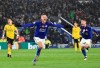 Leicester's Jamie Vardy celebrates after scoring the opening goal during the English Premier League soccer match between Leicester City and Arsenal at the King Power Stadium in Leicester, England, Saturday, Nov. 9, 2019. (AP Photo/Rui Vieira)