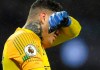 Manchester City's goalkeeper Ederson Moraes reacts during the English Premier League soccer match between Manchester City and Crystal Palace at Etihad stadium in Manchester, England, Saturday, Dec. 22, 2018. (AP Photo/Rui Vieira)