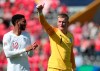 England's Joe Gomez, left, and England goalkeeper Jordan Pickford celebrate after the winning at the end the UEFA Nations League third place soccer match between Switzerland and England at the D. Afonso Henriques stadium in Guimaraes, Portugal, Sunday, June 9, 2019. (AP Photo/Luis Vieira)