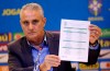 Brazil's national soccer team coach Tite shows the list announcing his roster of players for the upcoming 2019 Copa America soccer tournament, in Rio de Janeiro, Brazil, Friday, May 17, 2019. (AP Photo/Silvia Izquierdo)