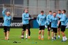 Uruguay soccer players warm up during a practice session in Porto Alegre, Brazil, Wednesday, June 19, 2019. Uruguay will face Japan tomorrow in a Copa America Group C soccer match. (AP Photo/Edison Vara)