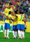 Brazil's Gabriel Jesus, center, celebrates scoring his side's first goal with teammates during a friendly soccer match against Honduras at the Beira Rio stadium in Porto Alegre, Brazil, Sunday, June 9, 2019. Brazil opens the Copa America tournament next Friday against Bolivia in Sao Paulo. (AP Photo/Edison Vara)