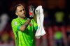 Colombia's goalkeeper David Ospina celebrates at the end of the Copa America Group B soccer match against Qatar at the Morumbi stadium in Sao Paulo, Brazil, Wednesday, June 19, 2019. (AP Photo/Andre Penner)