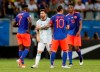 Colombia's James Rodriguez, 2nd right, and Argentina's Lionel Messi, 2nd left, at the end of the Copa America Group B soccer match at the Arena Fonte Nova in Salvador, Brazil, Saturday, June 15, 2019. Colombia won 2-0.(AP Photo/Natacha Pisarenko)