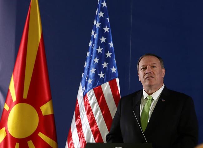United States Secretary of State Mike Pompeo speaks during a press conference with North Macedonia's Prime Minister Zoran Zaev in Lake Ohrid, southern North Macedonia, Friday, Oct. 4, 2019. Pompeo is visiting southeastern European countries to show support for new NATO members in the region. (AP Photo/Boris Grdanoski)