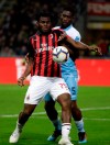 AC Milan's Franck Kessie, left, and Lazio's Quissanga Bastos challenge for the ball during the Italian Cup, second leg semifinal soccer match between AC Milan and Lazio, at the San Siro stadium, in Milan, Italy, Wednesday, April 24, 2019. (AP Photo/Luca Bruno)