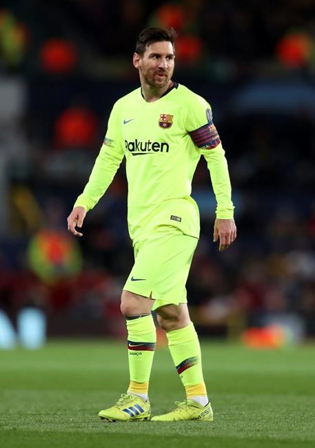 Barcelona's Lionel Messi reacts during the Champions League quarterfinal, first leg, soccer match between Manchester United and FC Barcelona at Old Trafford stadium in Manchester, England, Wednesday, April 10, 2019. (AP Photo/Jon Super)