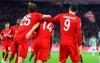 Bayern players celebrate their side's second goal during the Champions League group B soccer match between Bayern Munich and Olympiakos in Munich, Germany, Wednesday, Nov. 6, 2019. (AP Photo/Matthias Schrader)
