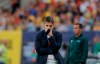 Spain's coach Robert Moreno grimaces during the Euro 2020 group F qualifying soccer match between Romania and Spain, at the National Arena stadium in Bucharest, Romania, Thursday, Sept. 5, 2019. (AP Photo/Vadim Ghirda)