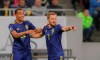 Sweden's Robin Quaison, left, celebrates after scoring his side's second goal during the Euro 2020 group F qualifying soccer match between Romania and Sweden on the National Arena stadium in Bucharest, Romania, Friday, Nov. 15, 2019. (AP Photo/Vadim Ghirda)