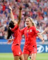United States' Christen Press, left, celebrates with United States' Lindsey Horan after scoring her side's first goal during the Women's World Cup semifinal soccer match between England and the United States, at the Stade de Lyon, outside Lyon, France, Tuesday, July 2, 2019. (AP Photo/Alessandra Tarantino)