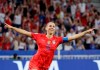 United States' Alex Morgan celebrates after scoring her side's second goal during the Women's World Cup semifinal soccer match between England and the United States, at the Stade de Lyon, outside Lyon, France, Tuesday, July 2, 2019. (AP Photo/Alessandra Tarantino)