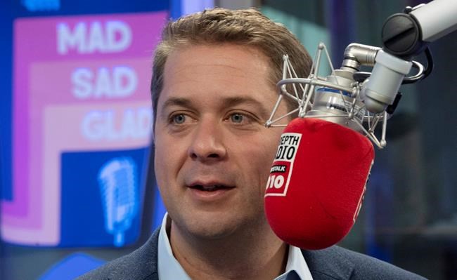 Conservative Leader Andrew Scheer participates in a radio interview in Toronto, Ont. Thursday October 17, 2019. THE CANADIAN PRESS/Adrian Wyld