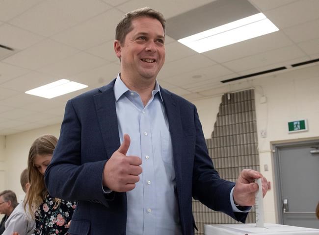 Conservative leader Andrew Scheer gives the thumbs up as he casts his ballot at a polling station in his riding in Regina, Monday October 21, 2019. THE CANADIAN PRESS/Adrian Wyld