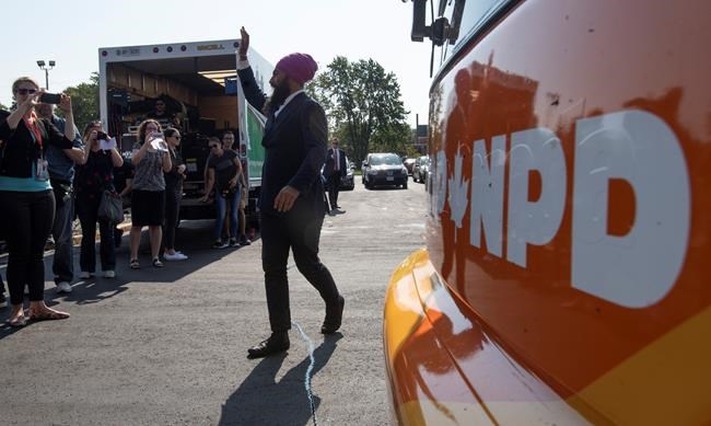 NDP Leader Jagmeet Singh swaves as he arrives at a campaign event in Essex, Ont., Friday, Sept. 20, 2019. THE CANADIAN PRESS/Adrian Wyld