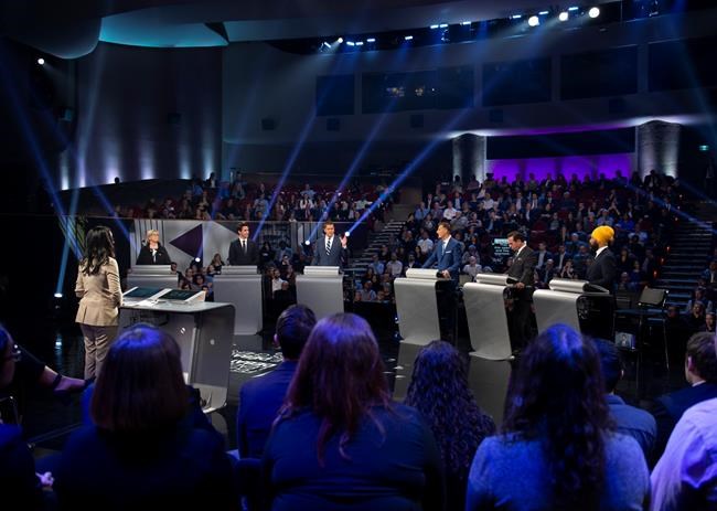 Federal leaders debate in front of a live audience during the Federal leaders debate in Gatineau, Que. on Monday, October 7, 2019. THE CANADIAN PRESS/Justin Tang