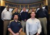 WAYNE.GLOWACKI@FREEPRESS.MB.CA
The Winnipeg Blue Bomber coaching staff was introduced to the media Wednesday: from left to right: (front row) Pat DelMonaco, offensive line coach; Casey Creehan, linebackers coach; (back row) Kavis Reed, defensive coordinator/ assistant head coach; Kyle Walters, special teams coordinator; Paul LaPolice, head coach; Jamie Barresi, offensive coordinator; and Richard Harris, defensive line coach. Chris Wiesehan, receivers coach was, not in attendance.